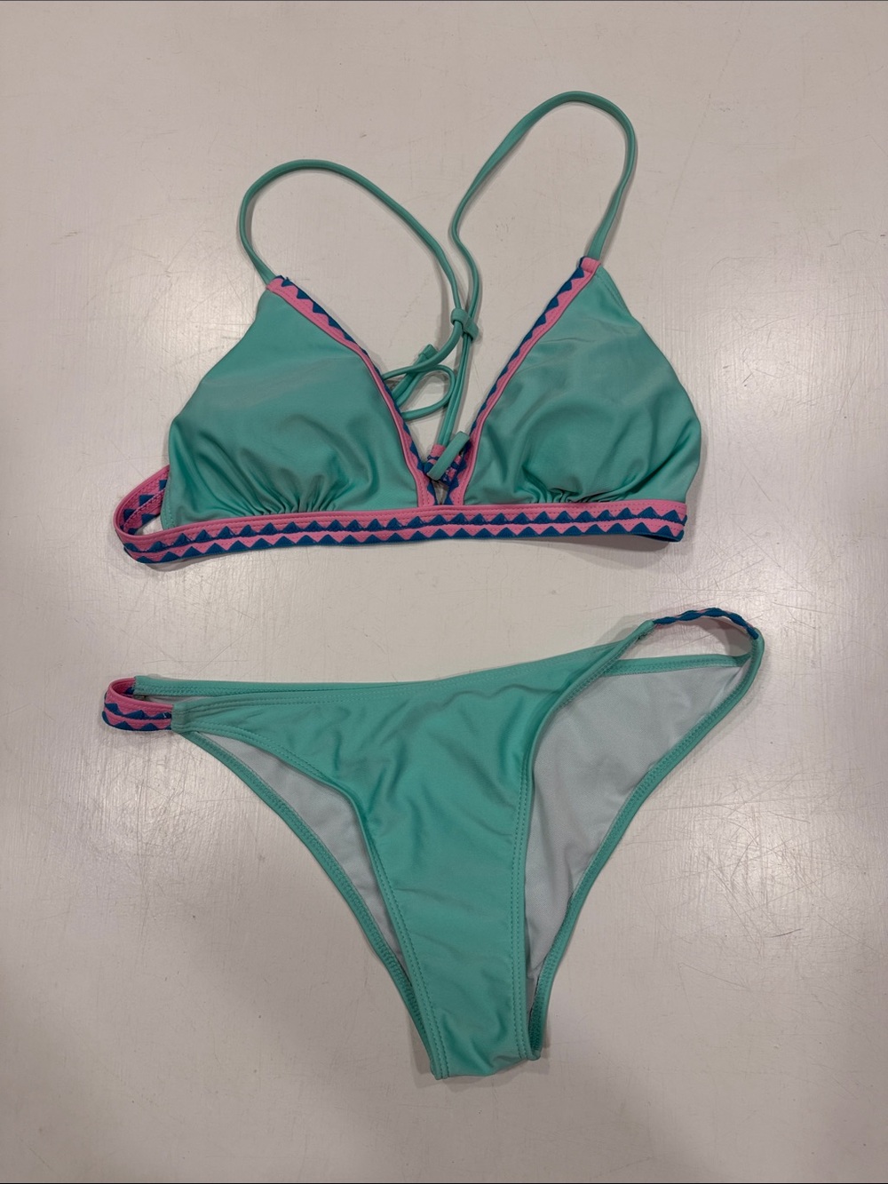 Women's Aqua Triangle Bikini with Pink Trim